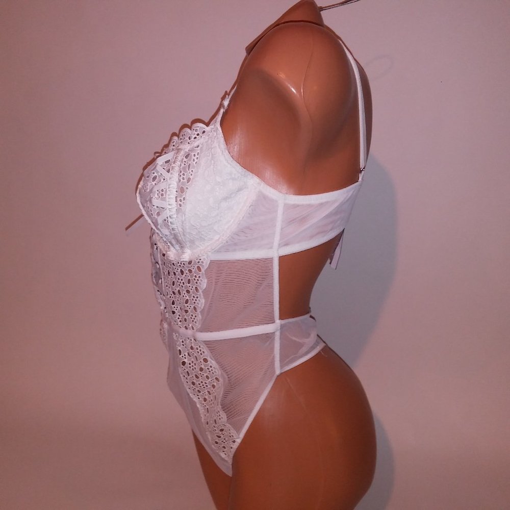 Victoria Secret Lingerie Teddy One Piece Bodysuit White Eyelet Sheer Thong‎ Back - Picture 7 of 16